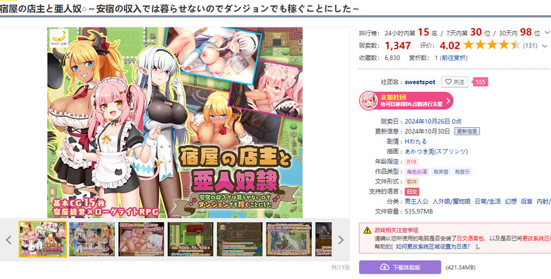 DL10月新作【回合RPG/日常生活/后宫】旅店店主和亚人奴隶（宿屋の店主と亜人奴○～安宿の収入では暮らせないのでダンジョンでも稼ぐことにした～）V1.01 AI汉化【1.50G】